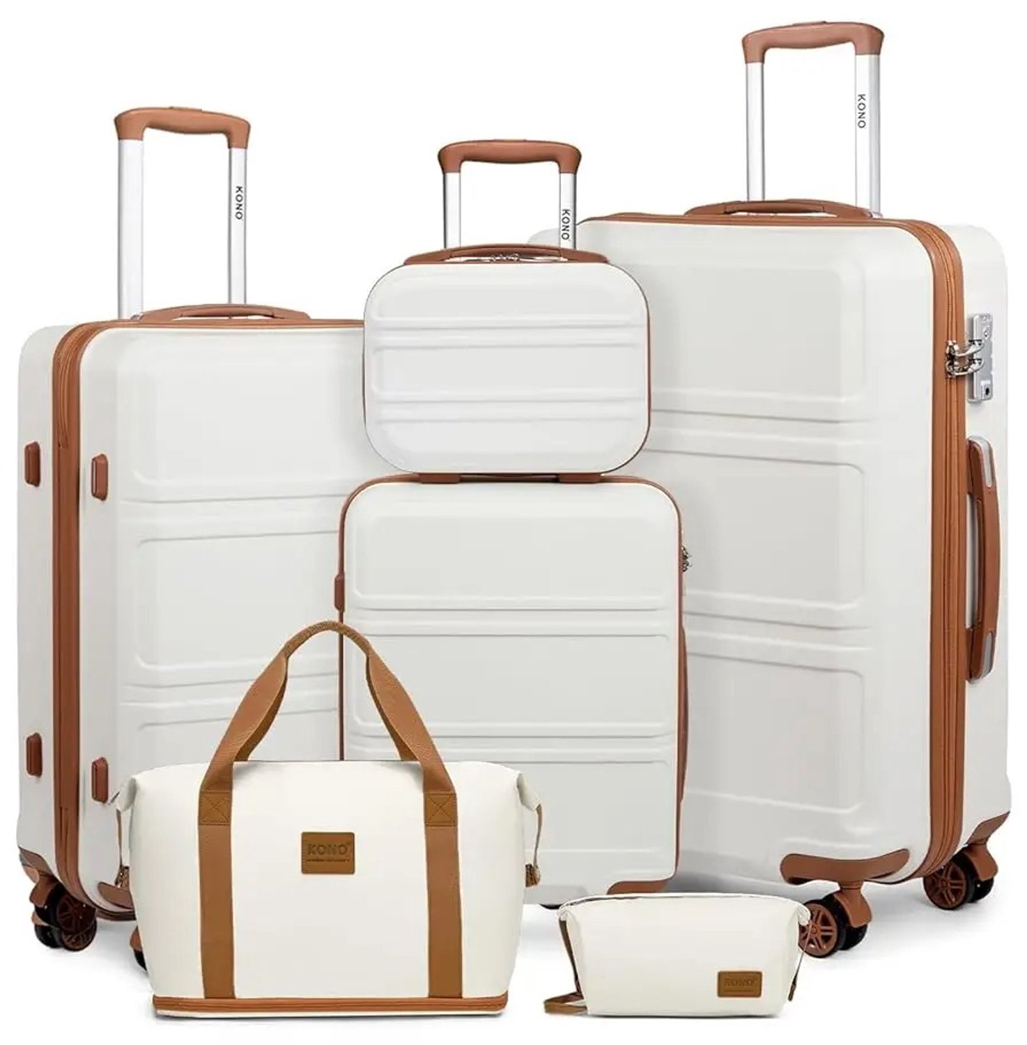 AALVERO - Reiskoffers - Reistrolleys - Bagage - Reistas - Toilettas - Waterdicht - Dubbele wielen - 360° - 6-delig - Wit/Bruin