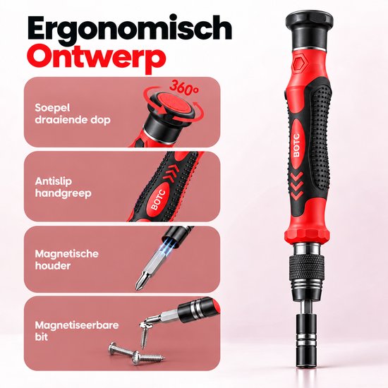 Ergonomische BOTC schroevendraaier met draaibare dop en antislip handgreep. Tekst: Ergonomisch Ontwerp.