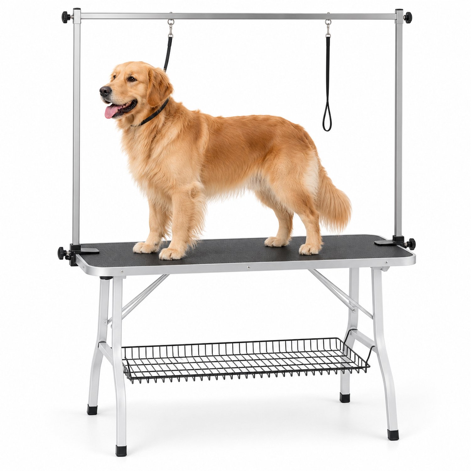 Livista Trimtafel voor Huisdieren - Verstelbare Trimtafel - Veilig en Stevig - Met Dubbele Aanlijnoptie - 2 Lussen - Opbergschap - 120L x 61B x 169H cm - Zwart