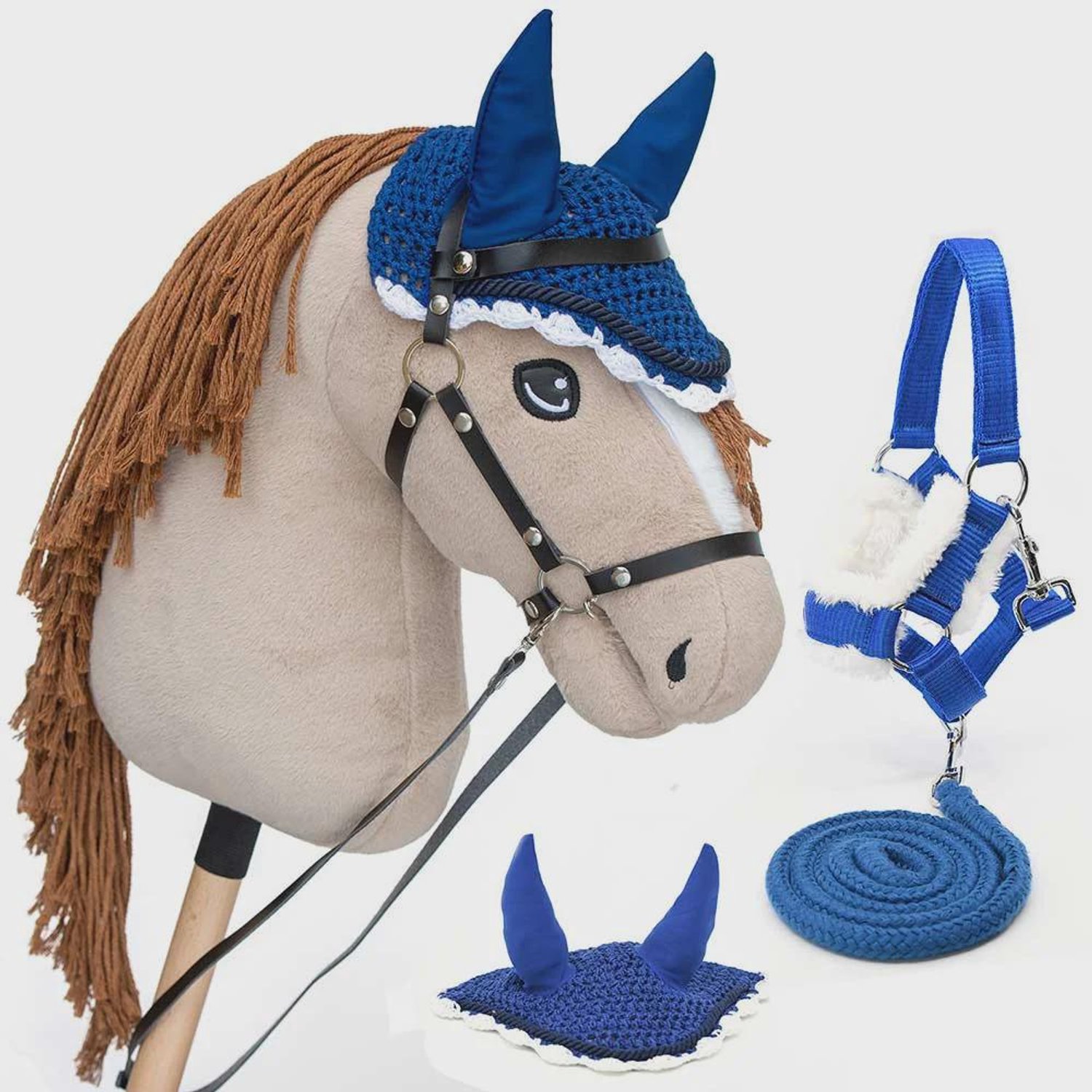 Hobby Horse Land Hobbyhorse Perlino Crème Paard - Maat A3 (L) - Met Blauw Halster, Hoofdstel en Vliegenkap