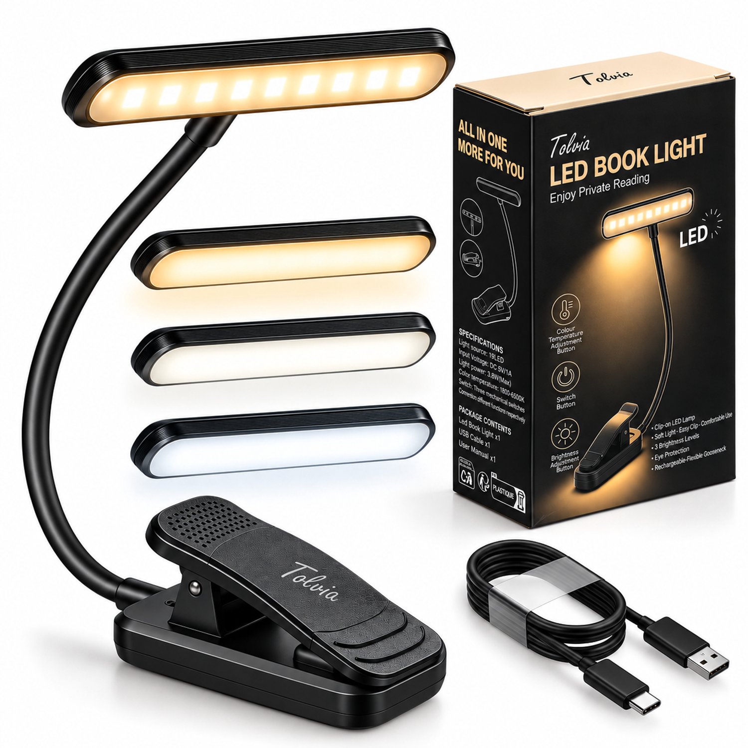 Tolvia LED Leeslamp - Boeklamp met Klem - 19 LED - 3 Lichtkleuren & 3 Helderheidsstanden - Oplaadbaar Boeklamp USB - Flexibele Nek - Zwart