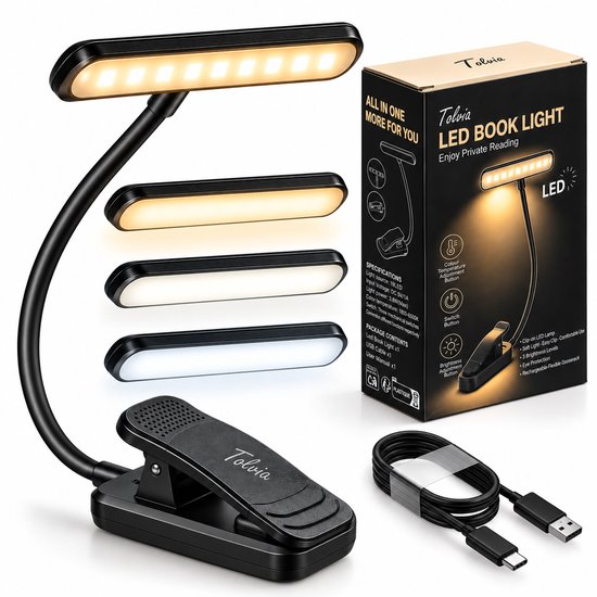 Zwarte Tolvia oplaadbare LED-leeslamp met klem, flexibele hals, drie lichtstanden en USB-kabel in verpakking.