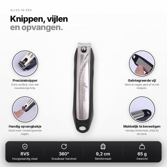 Zilveren Viamart nagelknipper met vijl en opvangbakje, RVS, 9,2 cm lang, met 360 graden draaibaar handvat.