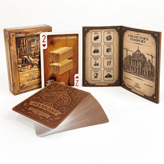 IVANKART Wood Edition speelkaarten met doos, een '2' harten kaart, en een Collector's Passport met bouwtekening.