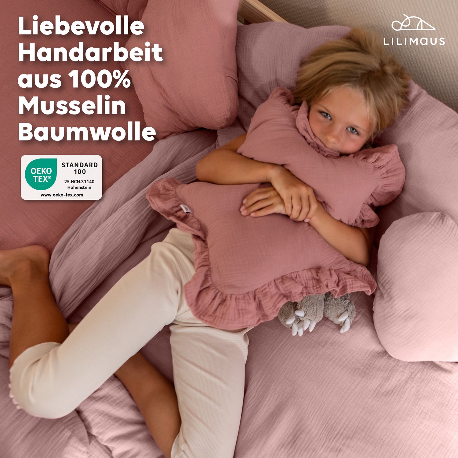 LILIMAUS Sierkussen ster met ruche - mousseline katoen - poederroze