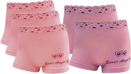 Set van 5 meisjesboxers in roze en lila met bloemenrand, hartjesprint en de tekst 'Sweet Angel'.