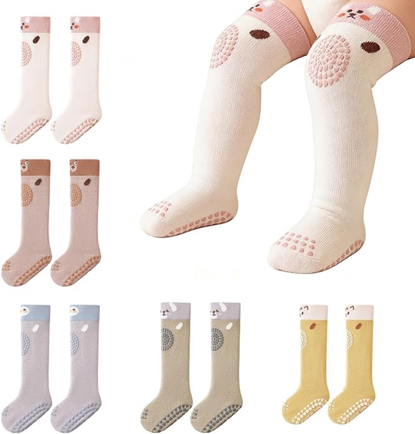 5 paar kniekousen voor baby's – antislip kruipkousen, zacht en elastisch, geschikt voor jongens en meisjes van 1-3 jaar, met dierenprint.