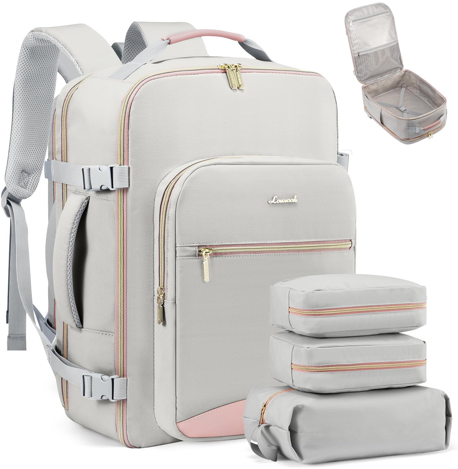CHICFURN Reisrugzak 40L, grijs-witte rugzak voor dames, geschikt voor reizen, zakenreizen, weekenden, werk, universiteit en wandelen, met 3 opbergtassen en apart laptopvak tot 17,3 inch