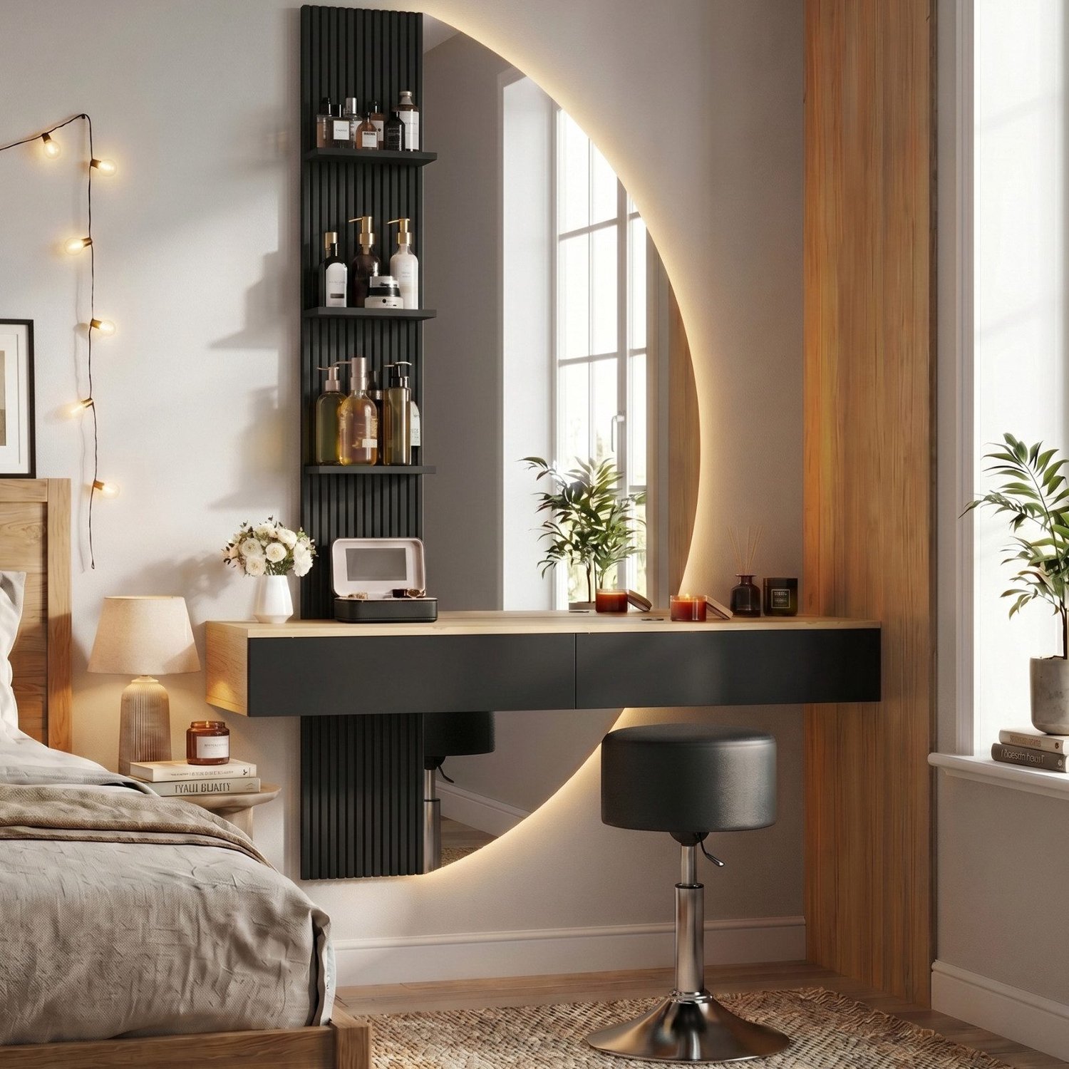 Devoko Zwevende Kaptafel met Spiegel en LED-verlichting – 3 Lichtkleuren – 2 Laden en 3 Open Vakken – 106 × 40 × 143 cm – Zwart