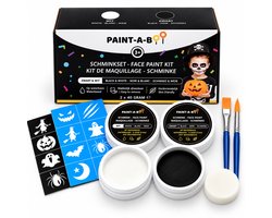 Paint-A-Boo Halloween Schmink Set – Zwart & Wit Waterbasis Face Paint met Sjablonen, Sponsje en 2 Penselen – Kinderschmink