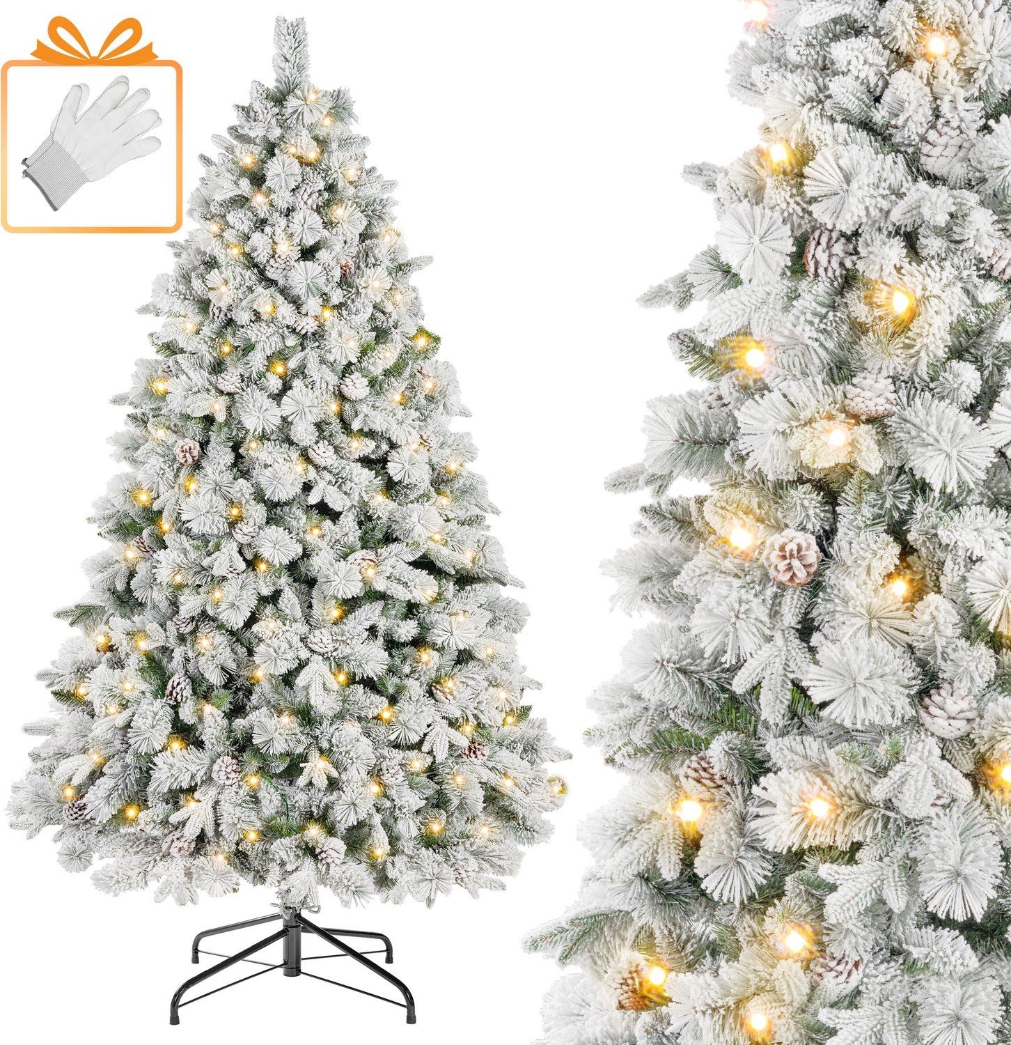 VANKEL Kunstkerstboom met Verlichting en Sneeuw - 235 cm - 500 Lampjes - 86 Dennenappels - Grote Volle PE/PVC Kerstboom - Metalen Standaard