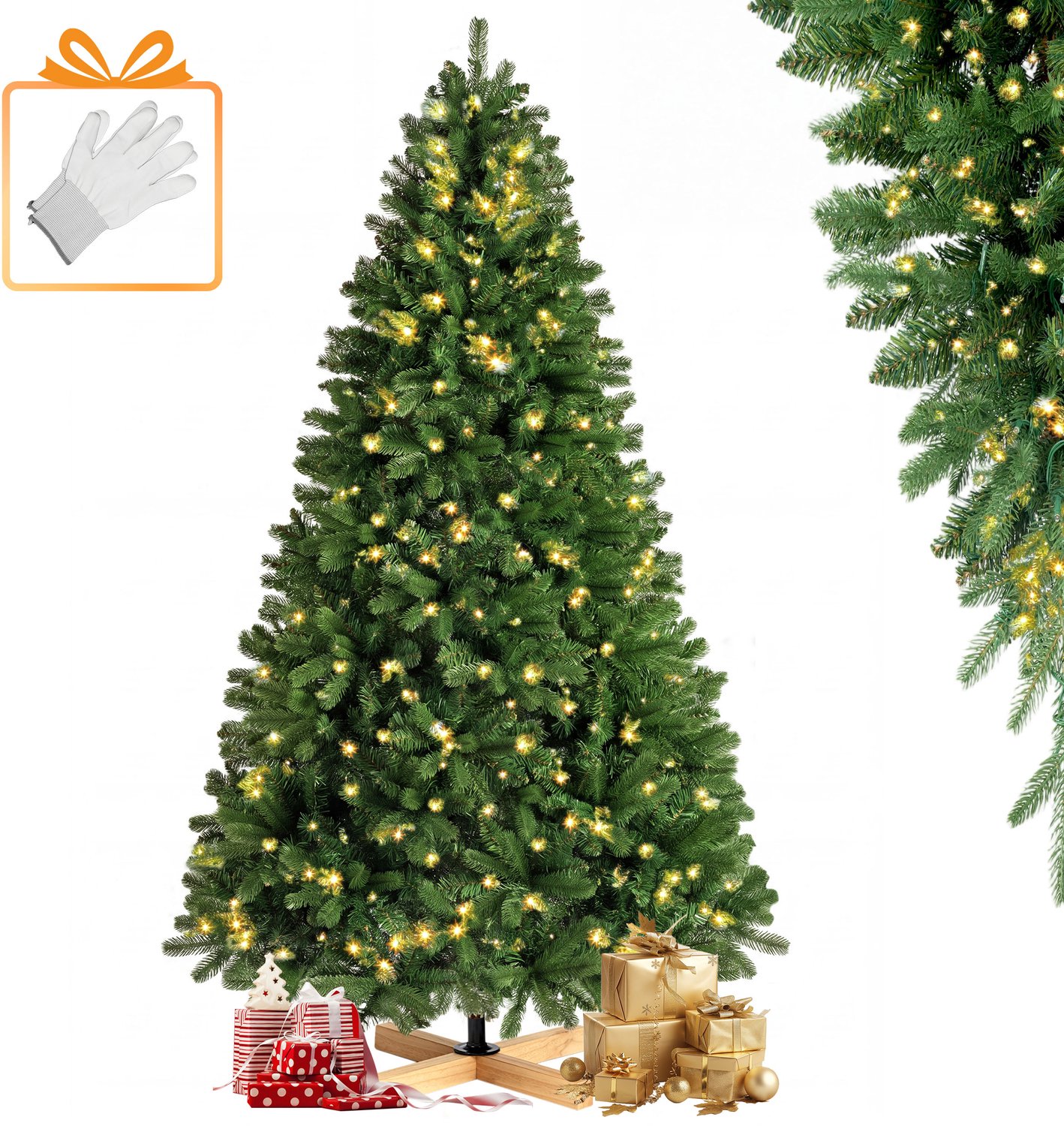 Sinaopus Kunstkerstboom met Lampjes 180 cm - 300 Lampjes - PE/PVC Gemengde Takken - Volle Groene Kerstboom - Houten Voet - Kerstdecoratie