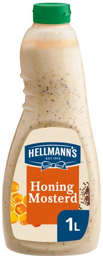 Hellmann's Honing Mosterd dressing in een fles van 1 liter met een groene dop en zichtbare mosterdzaadjes.