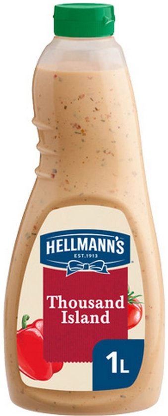 Hellmann's Thousand Island dressing in een fles van 1 liter met een groene dop.