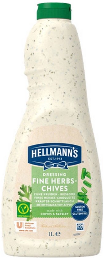 Fles Hellmann's dressing met fijne kruiden en bieslook, inhoud 1 liter, met een groene dop en vegetarisch keurmerk.