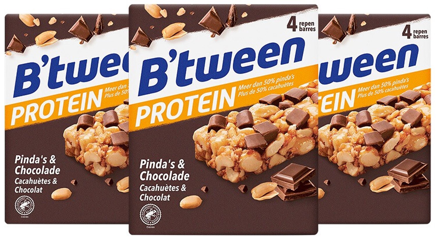 Hero - B'tween Protein Pinda & Chocolade - 3 x 4x24gr - Voordeelverpakking