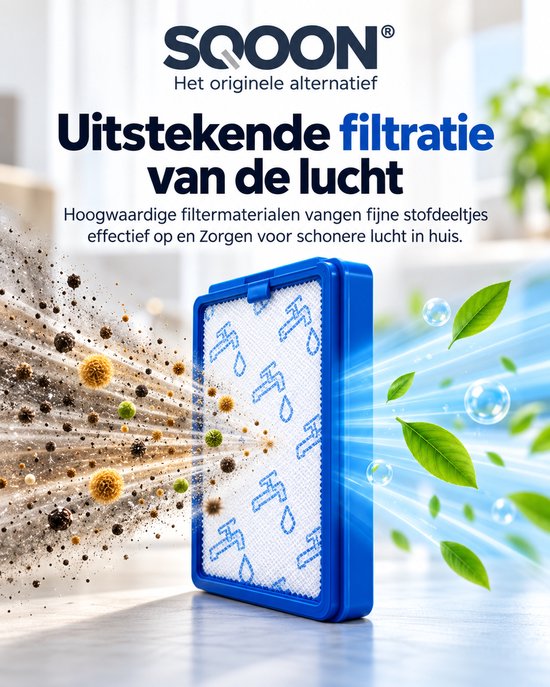 Blauw SQOON-filter dat stof en allergenen opvangt voor schonere lucht. Voorzien van een waterkraan-icoonpatroon.