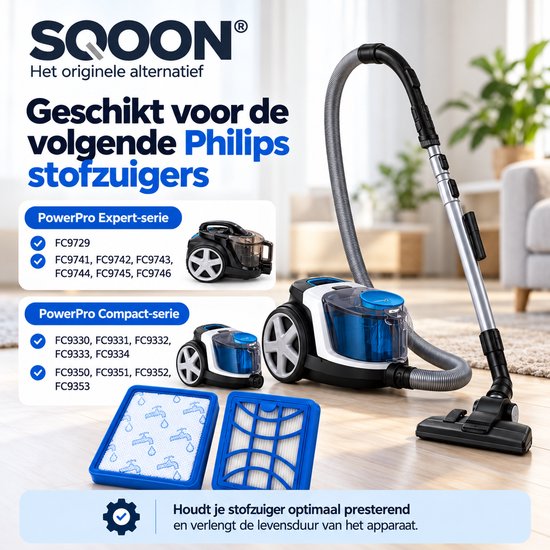 Overzicht van geschikte Philips PowerPro stofzuigermodellen en SQOON-filters voor optimaal onderhoud.