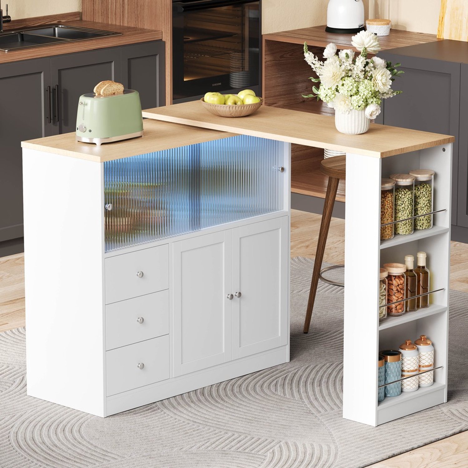 Pugsdrly Vast keukeneiland met 360°-draaitafel, opbergkast, bartafel met lade en schuifdeur van gehard glas, keukenkast voor eetkamer en huisbar Wit