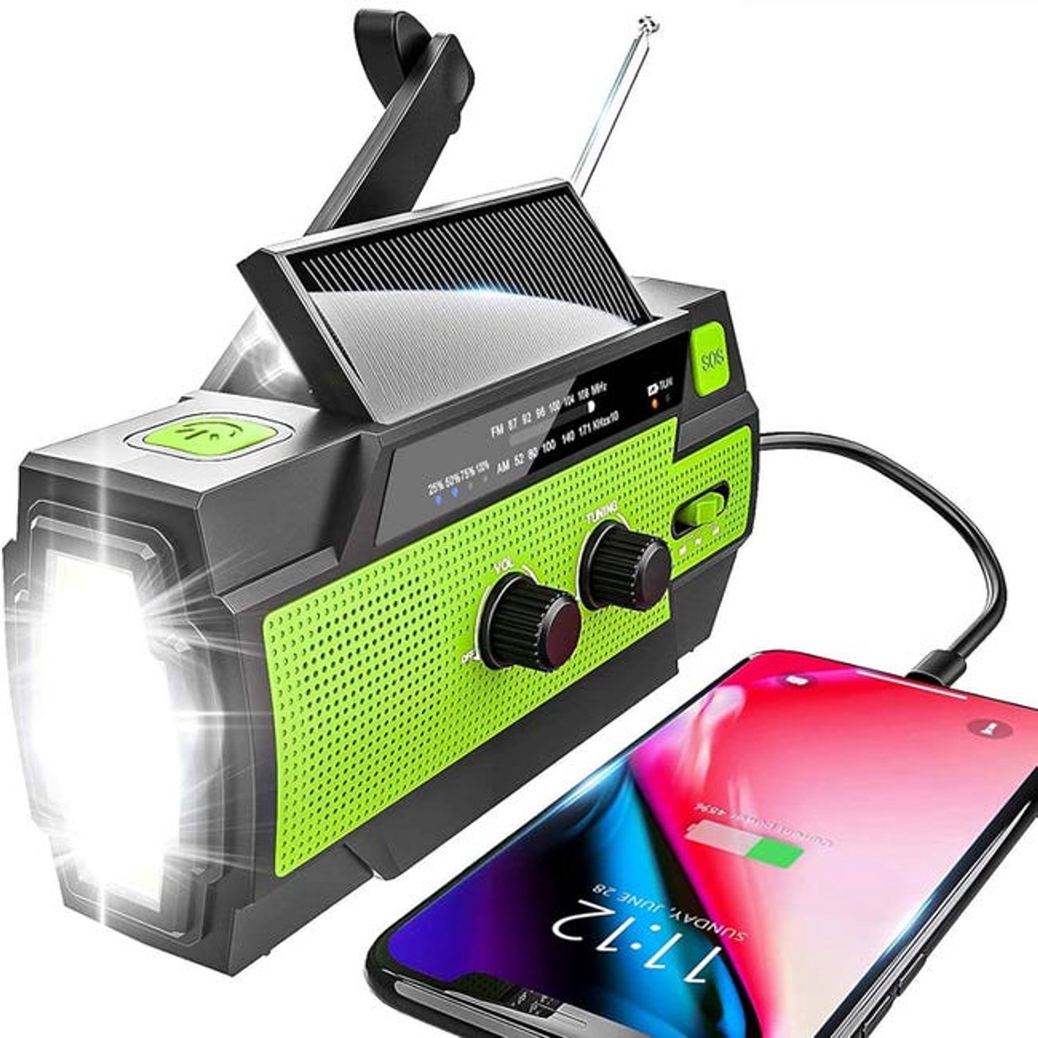 Draagbare AM/FM-radio op zonne-energie met oplaadbare batterij van 4000 mAh en groene LED-zaklamp.
