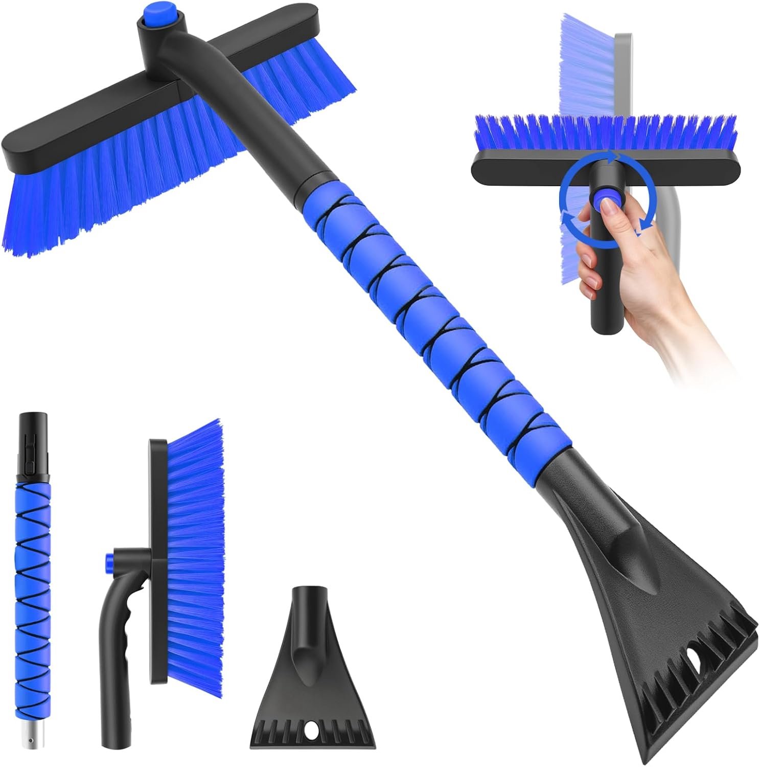 3-in-1 Snow Brush & Ice Scrapers - for Car Windshield Snow Removers with Squeegee, 360° Pivot Head, No-Scratch Bristles, Comfort Grip, for All Vehicle Models (Blue)