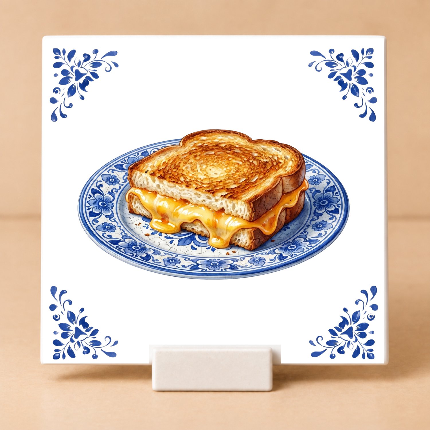 Bedruk King Delftsblauw Tegeltje 11x11 Tosti met Houdertje – Cadeau voor Kaasliefhebber of Lunchfan Wit