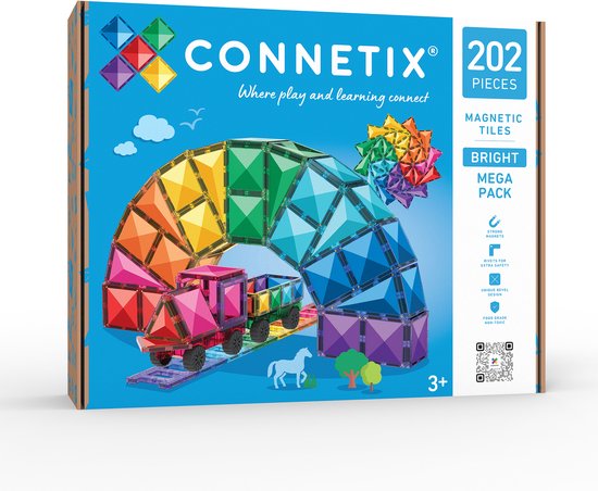 Verpakking van Connetix Bright Mega Pack 202 stuks met een boogvormige treinbaan en magnetische tegels.