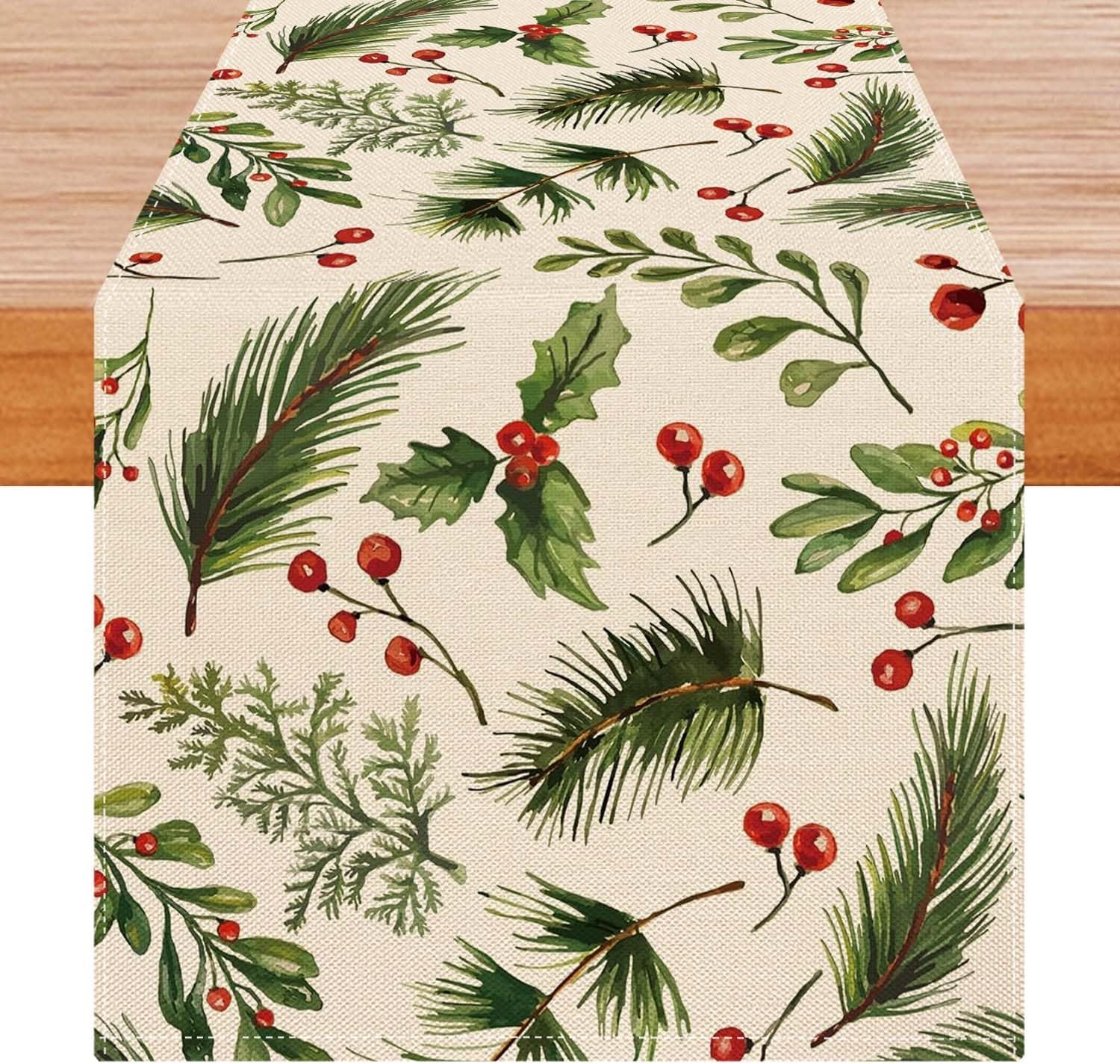 Kersttafelloper 40 x 140 cm - rood, groen - takken van naaldtakken en bessen - feestelijke sfeer - Homevero