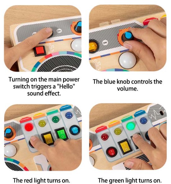 Montessori-activiteitenbord – Houten speelbord in de vorm van een radio – Met ledverlichting en spraakopnamefunctie – Educatief sensorisch speelgoed – Geschikt voor peuters van 1 tot 3 jaar — afbeelding 5