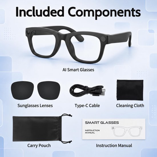 AI Smart Glasses met Camera - Smart Bril 8MP - Met Real Time Vertaling & Spraakassistent - Open‑Ear‑Audio - Lichtgewicht Zonnebrillen — afbeelding 4