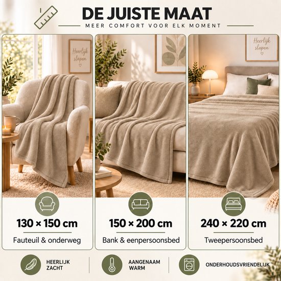 Overzicht van beige plaid in drie maten: 130x150cm, 150x200cm en 240x220cm voor bank en bed.