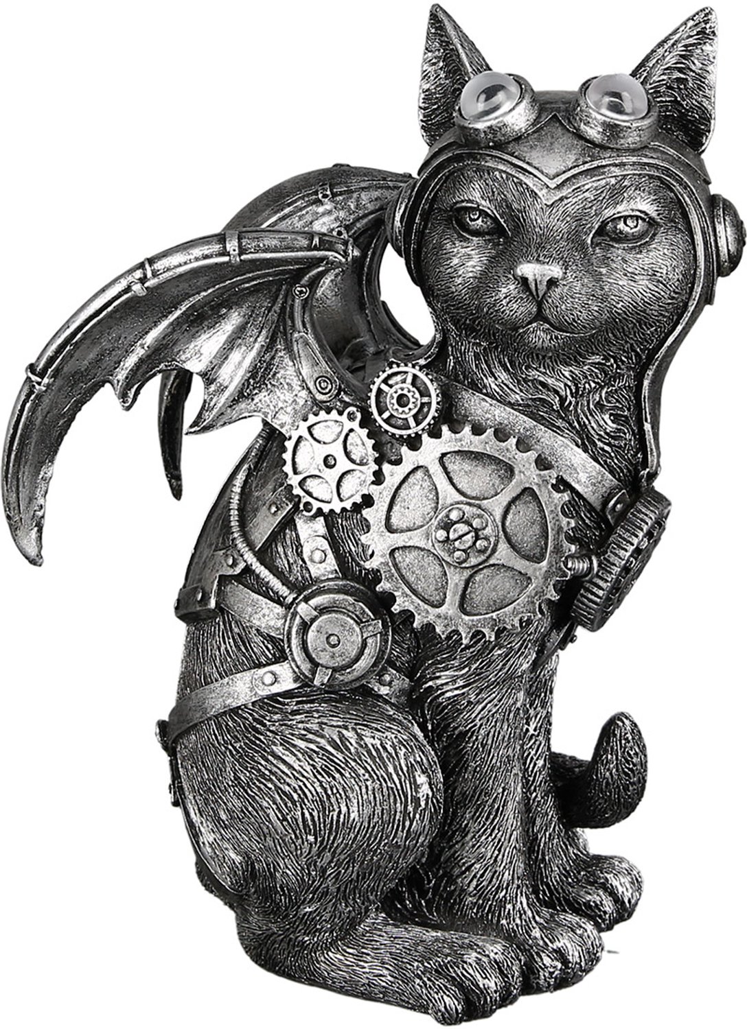 Gilde Handwerk - Decoratief beeld - Figuur - Kat - Steampunk Kattenbeeld met vleugels - Polyresin -zilverkleurig - metallic look - Gothic - Industrieel - Mechanische look - gevleugeld met tandwielen - Hoogte 23 cm