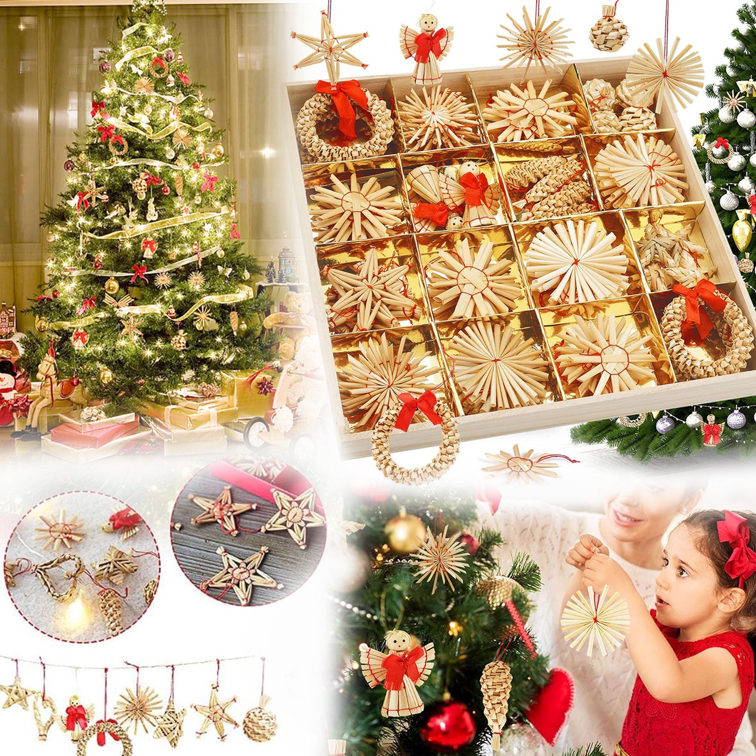 56-Delige Set Kerstboomversieringen, Set Strosterren, Natuurlijke Kerstboomhangers.
