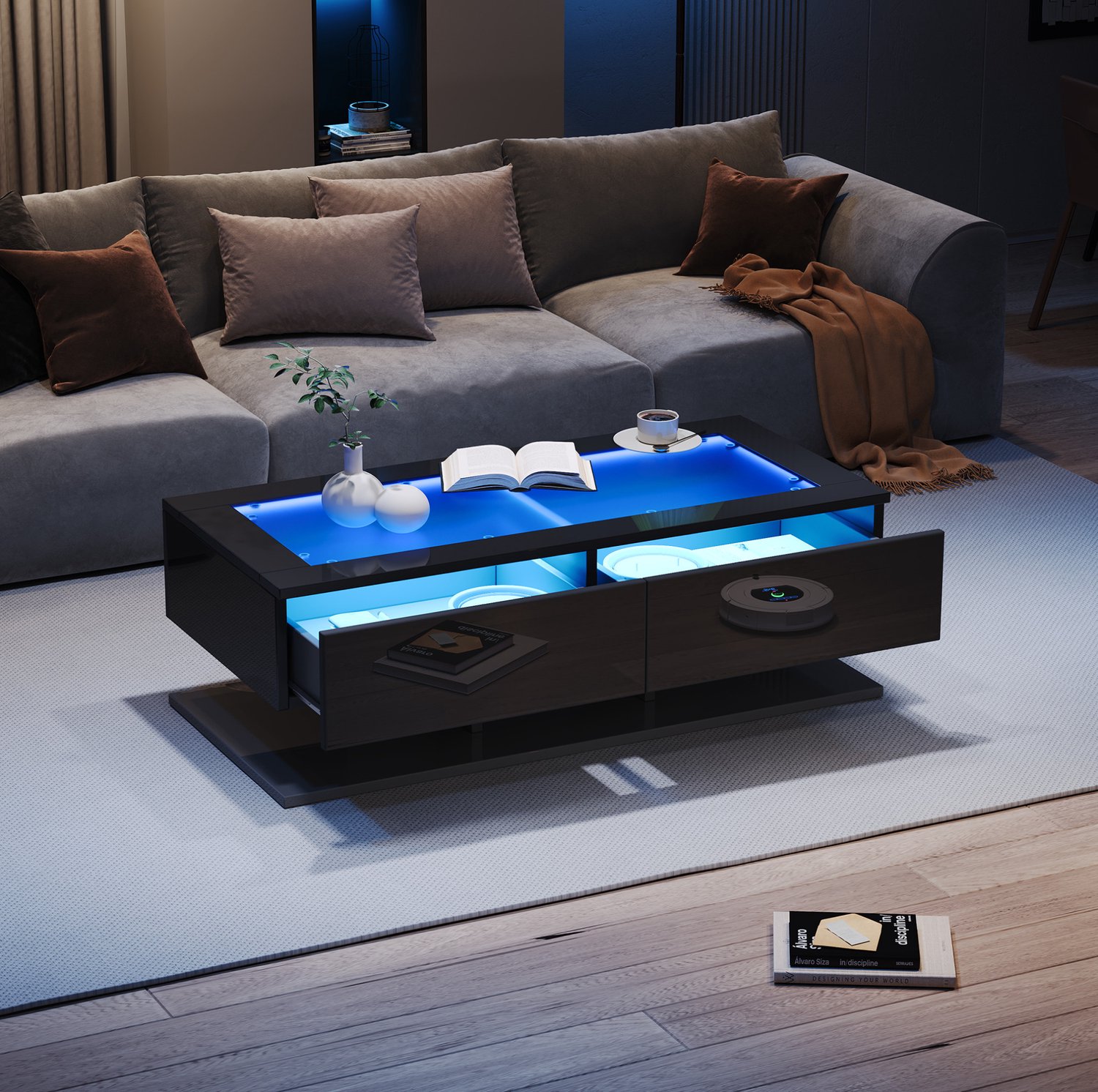 CHICFURN Salontafel - 2 lades - LED-verlichting - glazen blad - zwart