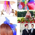 Collage toont kinderen, dieren en volwassenen die veelkleurige chiffon doeken gebruiken voor dans, decoratie en als accessoire.