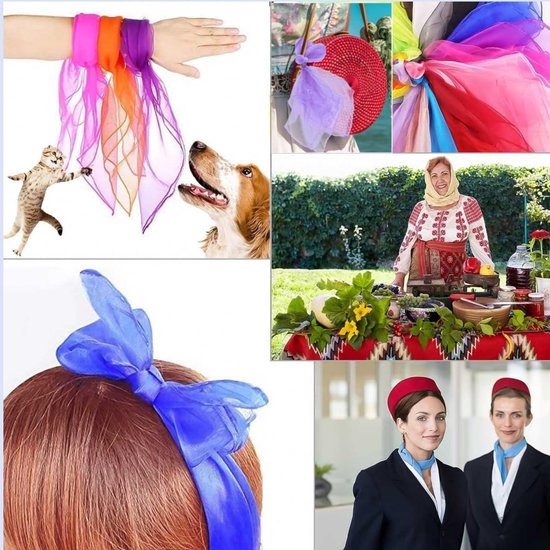 Collage toont kinderen, dieren en volwassenen die veelkleurige chiffon doeken gebruiken voor dans, decoratie en als accessoire.