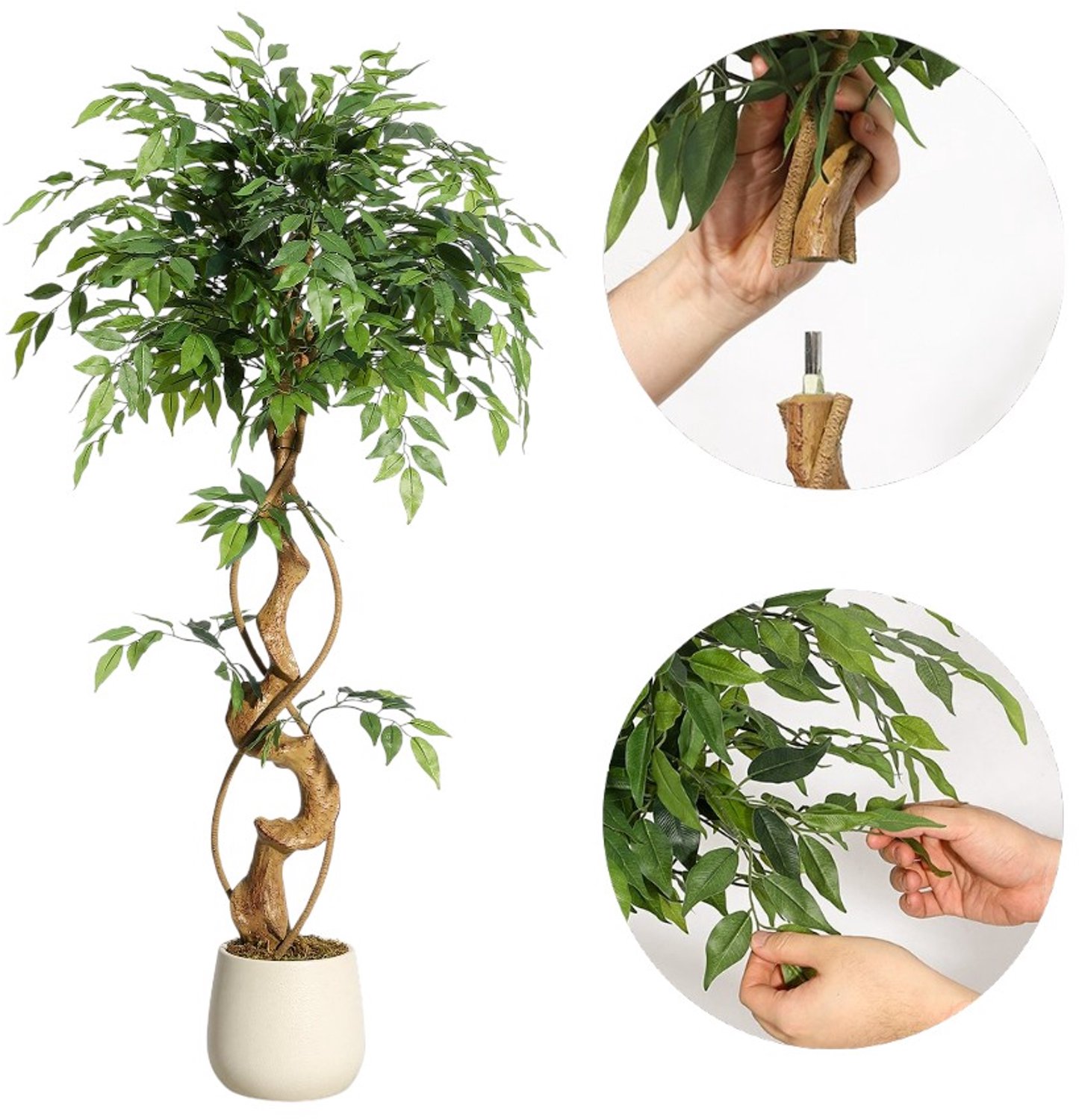 Danky Kunstmatige treurficus (zijden materiaal) - Gebogen stam - Witte bloempot - Onderhoudsvrij, geschikt voor binnendecoratie in woonkamers, kantoren, hallen, enz. - 120 cm