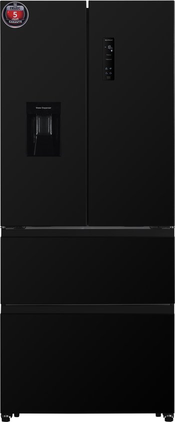 Zwarte Amerikaanse koelkast met waterdispenser, touchscreen display en 5 jaar garantie sticker.