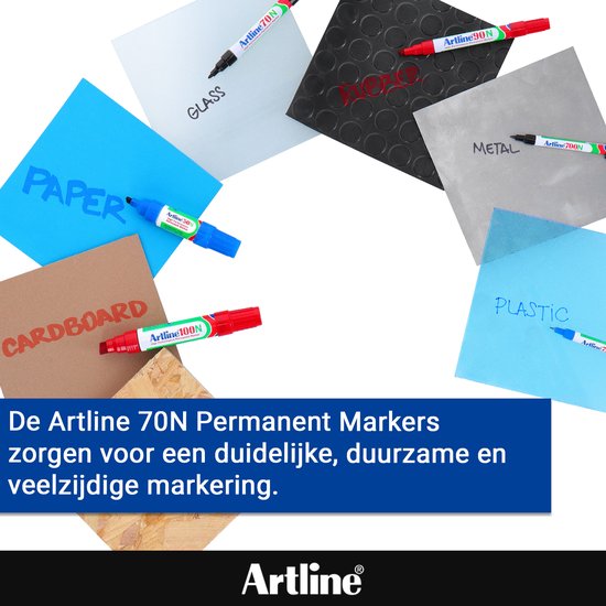 Artline 70N markers gebruikt op verschillende materialen zoals papier, karton, glas, metaal, plastic en rubber.