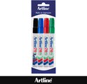 Vier Artline 70N permanente markers in zwart, blauw, rood en groen in verpakking.