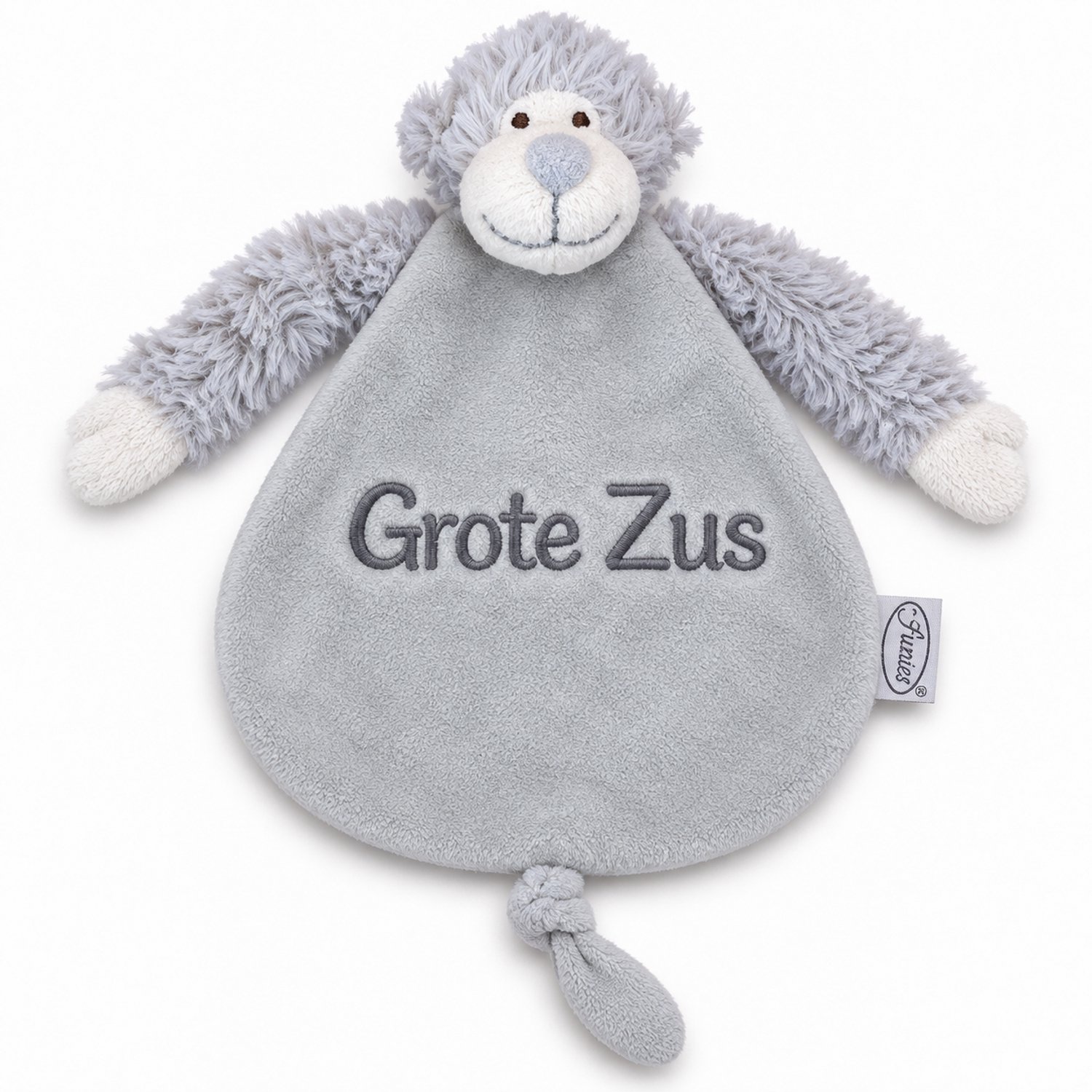 Knuffel Grote Zus – Knuffeldoekje Grote Zus – Zwangerschapsaankondiging – Aankondiging Baby – Cadeau Grote Zus – Grijze Aap – Grote Zus