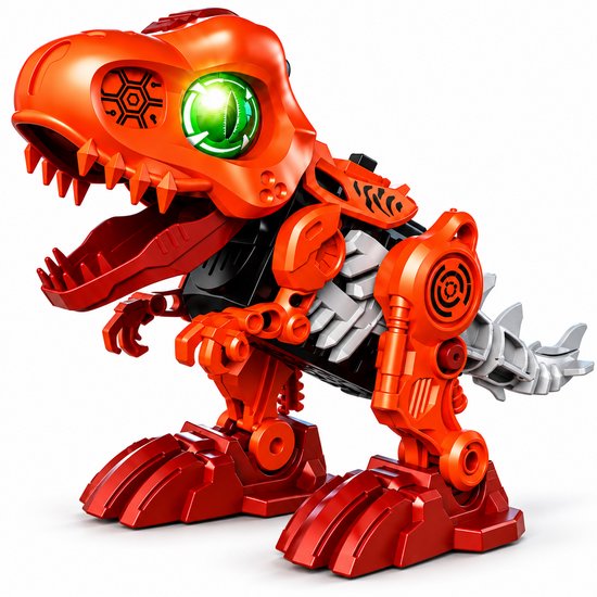 Oranje NOVA PLAY robot-T-Rex met felgroen verlicht oog, mechanische details en grijze staart.