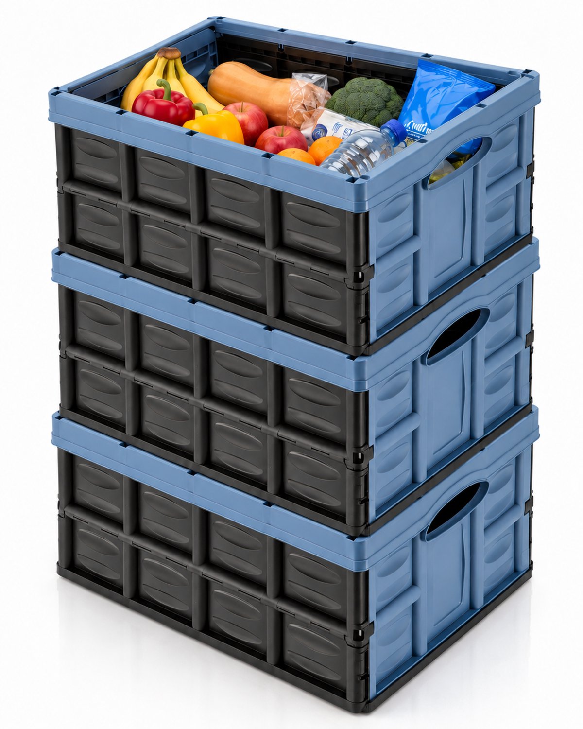 Vouwkrat 45 Liter - Set van 3 Vouwkratten - Klapkrat & Boodschappenkrat - Opvouwbare Kunststof Krat - 52,2 x 38,8 x 25,7 cm - Blauw/Zwart