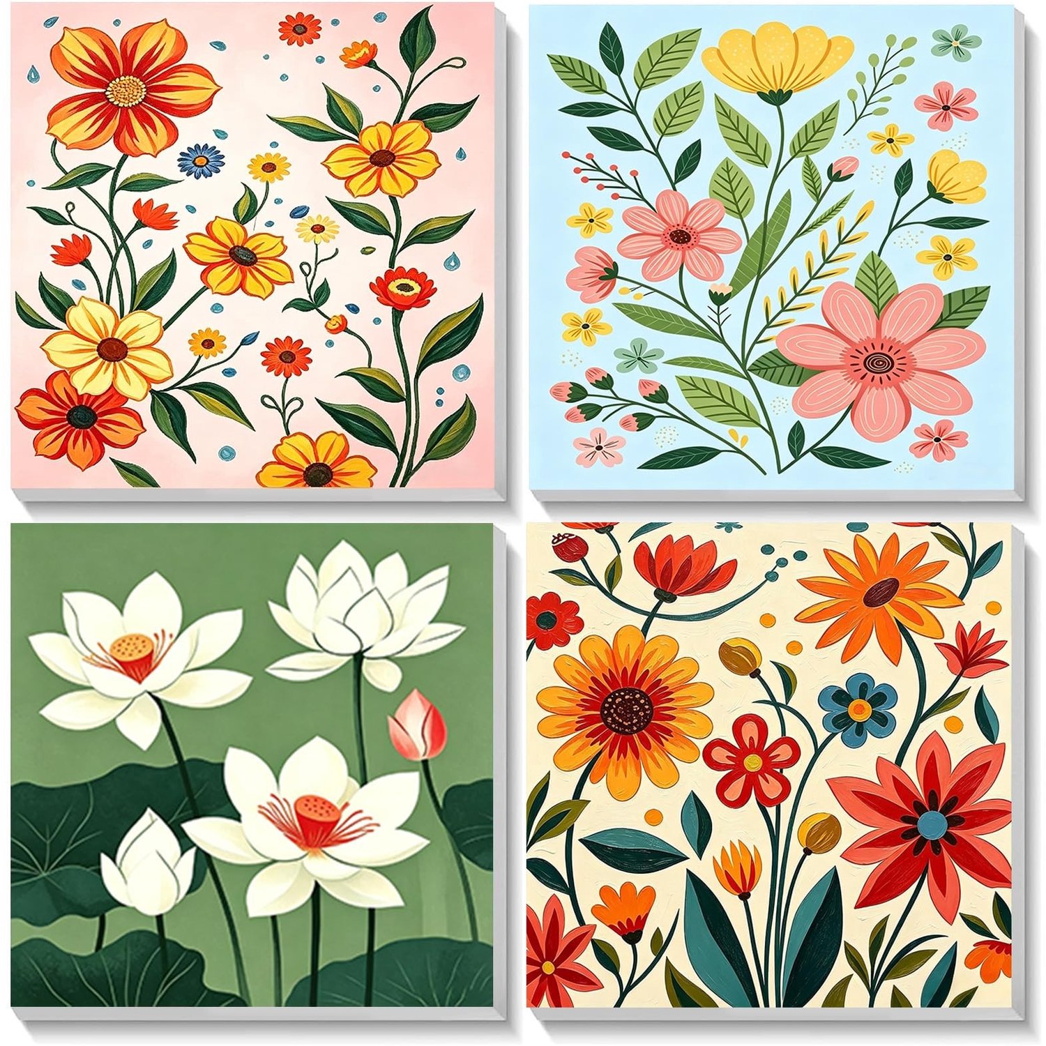 Schilderen op Nummer Set - 4 Stuks Bloemen - Creatieve Knutselset 20 x 20 cm