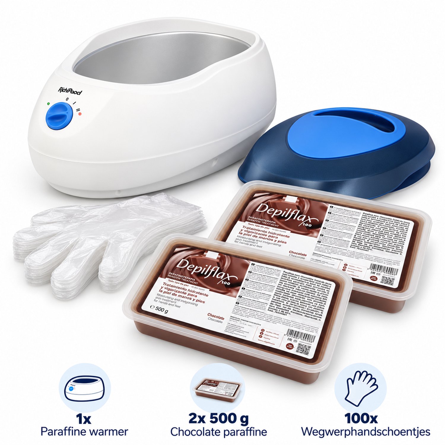 Paraffinebad Starterset Compleet – Paraffine Warmer + 2 x 500 g Chocolade Paraffinewas + 100 Wegwerphandschoentjes – Voor Handen & Voeten