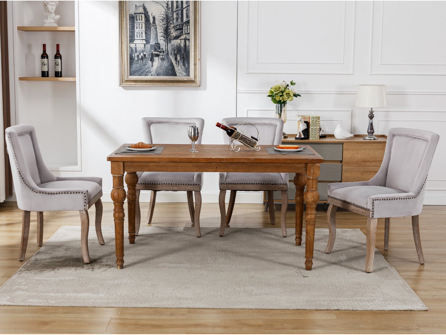 Clruro Eetkamerstoelen - Zithoogte 37,5 cm - Set van 4 - Siernagels - Fluweel/Massief Hout - Grijs