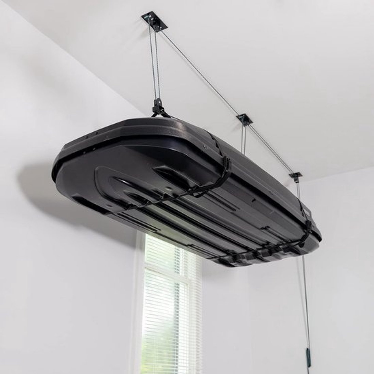 Opbergsysteem voor de garage - Plafondlift - Dakkoffer opbergen - Voor zware voorwerpen - Draagvermogen van 68 kg - Grijs