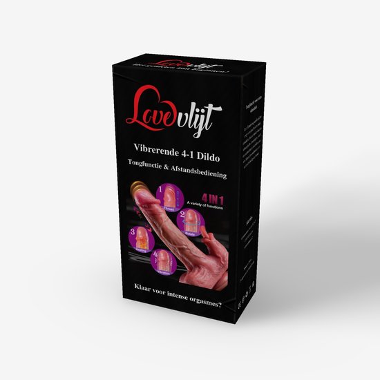 Verpakking van de LoveVlijt 4-in-1 vibrerende dildo met tongfunctie en afstandsbediening.