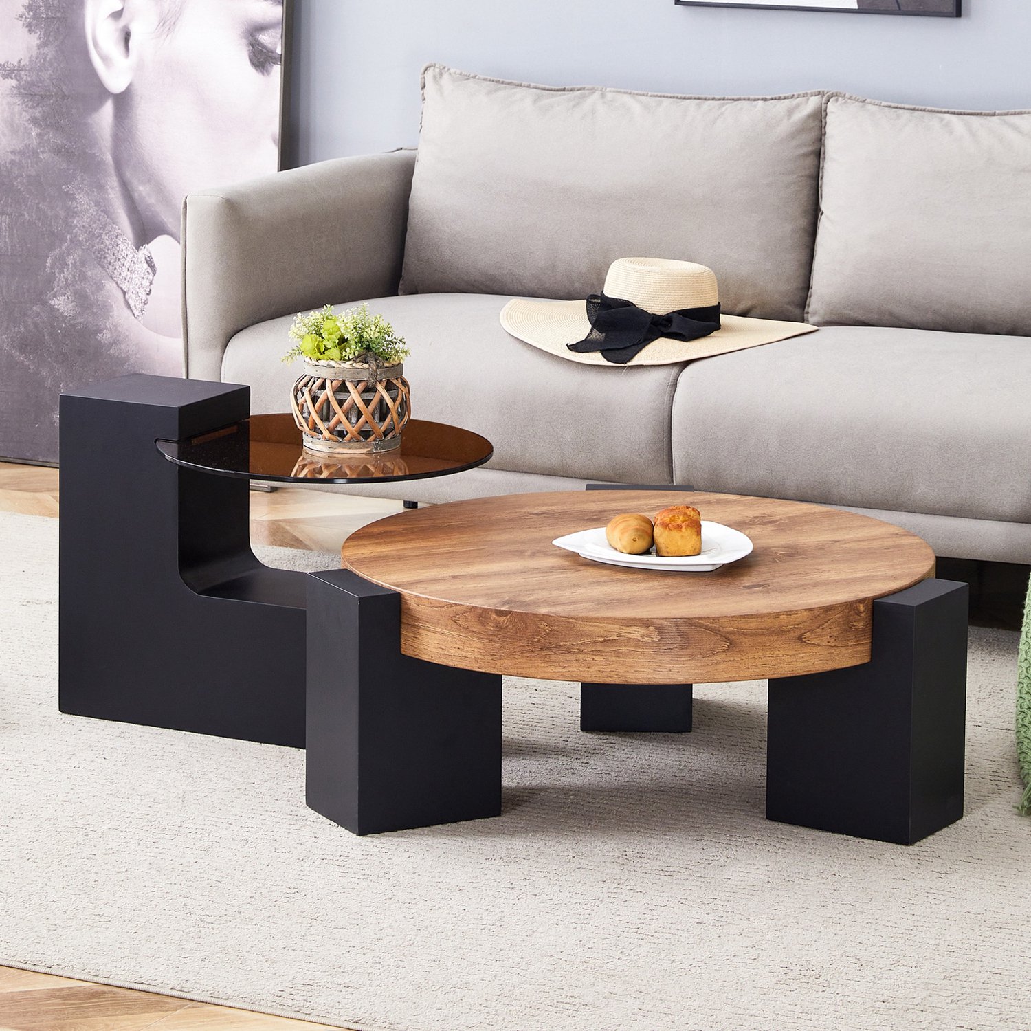 CHICFURN Salontafel - set van 2 - deelbaar - rond - zwart en houtkleur