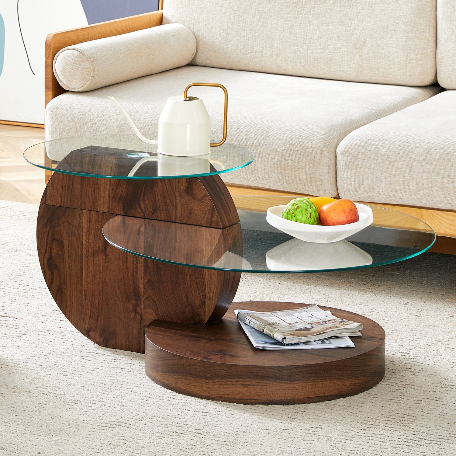 CHICFURN Salontafel 78,5 cm - meerlaagse opbergruimte - gelaagd ontwerp - woonkamer - MDF en glas - transparant en walnoot
